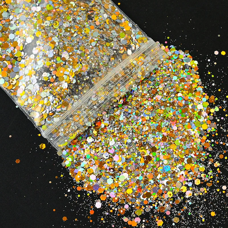 Description Picture 2 of item50G Holographic Mixed Hexagon Chunky Glitter Laser Sparkly Iridescent Nail Art Glitter Resin Slice Flake Sequins Nail Decoration