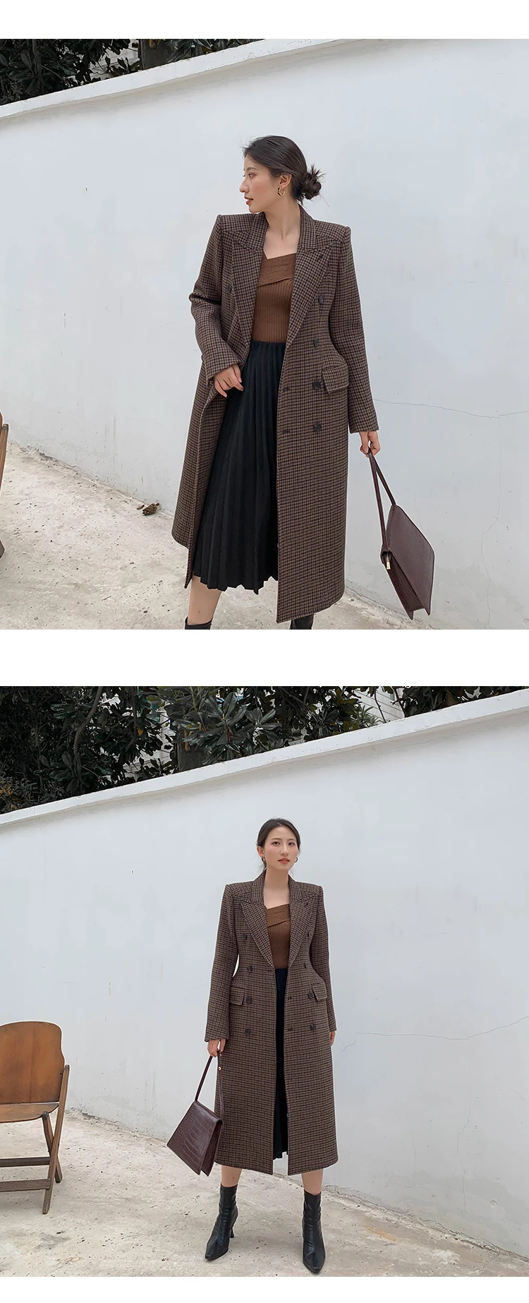 Винтажное Женское шерстяное пальто для подиума, двубортное, в клетку, с талией, длинное, для девушек, шерстяная куртка, женская, высокое качество