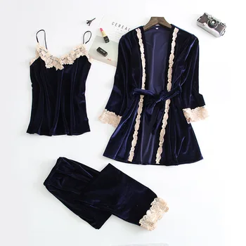 

3 Pieces Velvet Warm Pajamas Set Women Sexy Lingerie Lace Sleepwear Pijamas Robe Winter Sling Nightdress Pants Nightwear Pyjamas