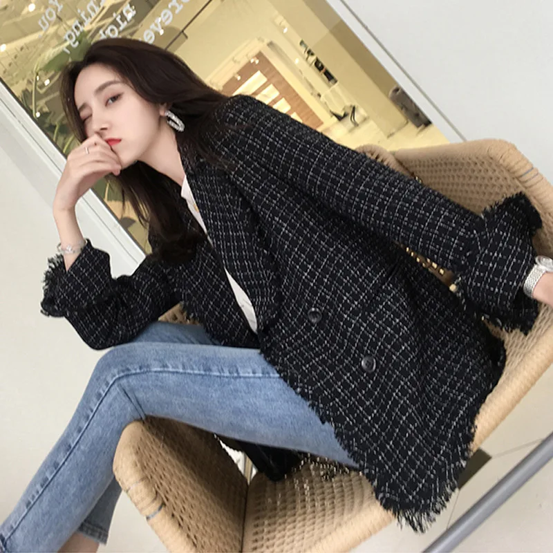 

2019 Spring Clothing New Style Korean-style Elegant Tassels Plaid Black Small Suit Coat Women's Short Graceful Overcoat