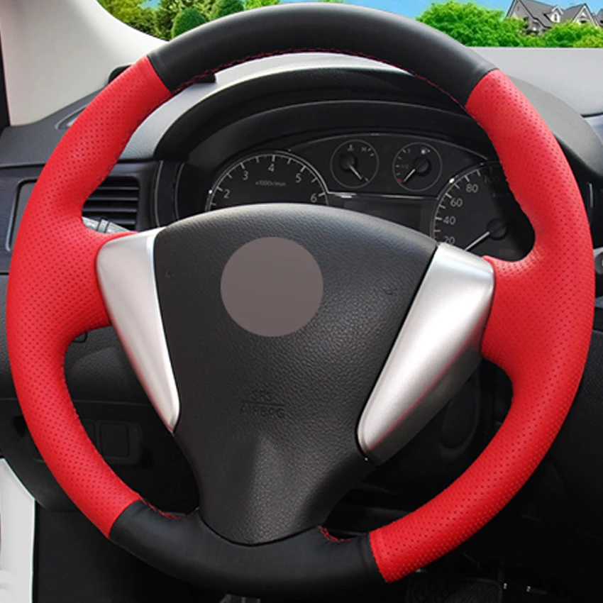 Black Red Leather Hand stitched Car Steering Wheel Cover for Nissan