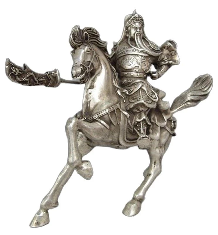 China Fengshui Silver Kuan Kung Guan Yu Warrior God hold machetes Ride Horse Lucky statue metal handicraft | Дом и сад