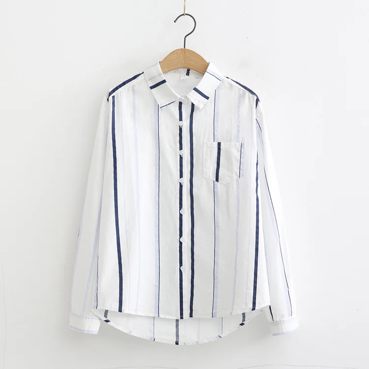 Blusas mujer chemisier femme mori/осенне-зимняя японская короткая блуза в синюю полоску с длинными рукавами bluzki damskie - Цвет: Синий