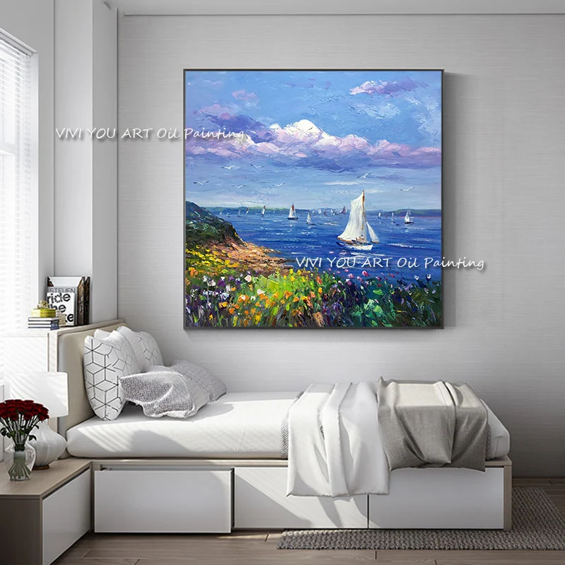 

100% Handmade Blue Ocean Sailboat oil painting Seaside Large Size Abstract Handpainted Canvas Modern for Home Living Room Decor