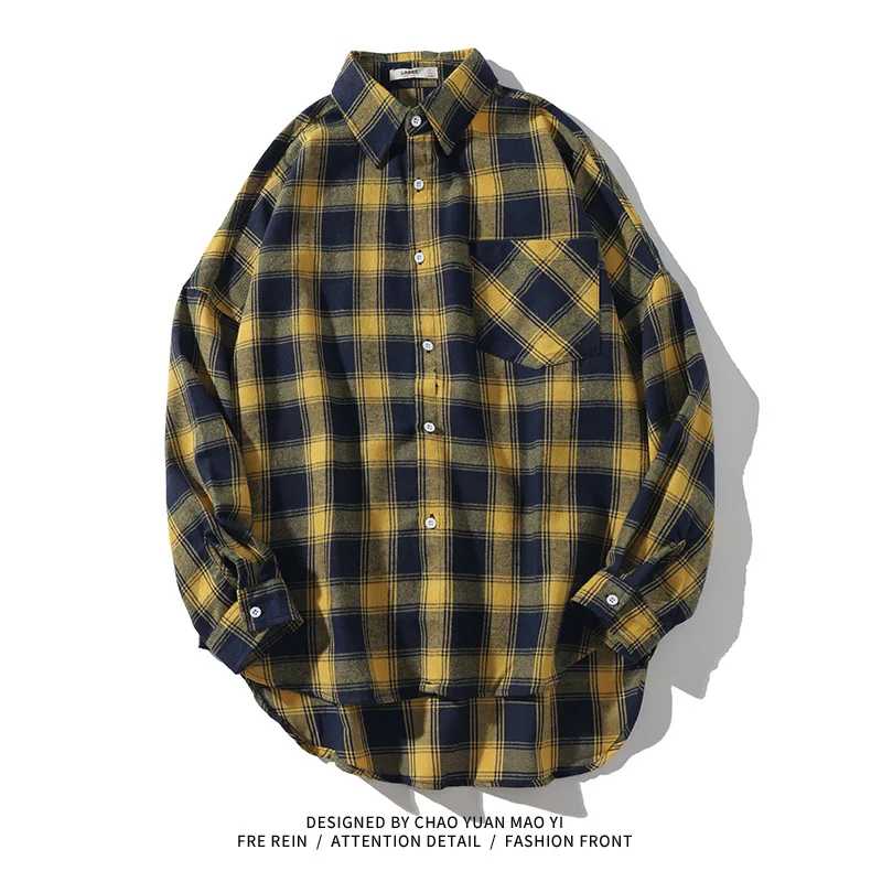 Men Clothing 2020 Oversized Button Up Shirt Front Short Back Long Shirt Men's Autumn Trendy Brand Style Long Sleeve Plaid Shirt