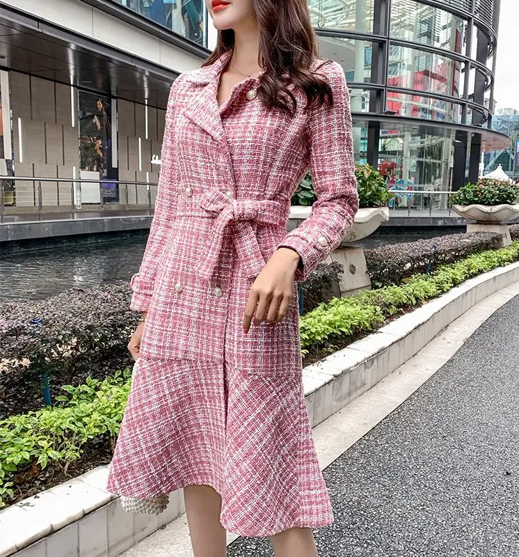 

long coat women winter2019 new plaid tweed fishtail swing houndstooth double-breasted waist and cotton long section coat coat