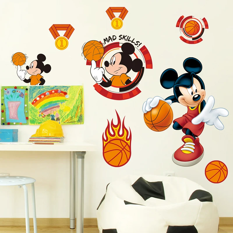 Cartoon Disney Mickey Play Basketball Wall Stickers For Nursery Kids Room Home Decor Bedroom Wall Decals PVC Mural Art Wallpaper
