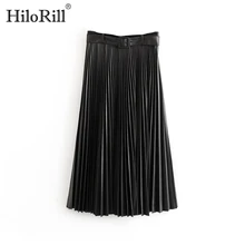 Модная плиссированная юбка из искусственной кожи с поясом, украшенная черным цветом, Женская юбка до середины икры, свободный низ, Женская юбка Falda Mujer
