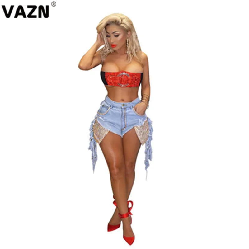 VAZN ME345 новые джинсы молодых популярных отверстие Сексуальная умная Мода тяжелой промышленности Блестками Bodycon женщин Асимметричные короткие брюки