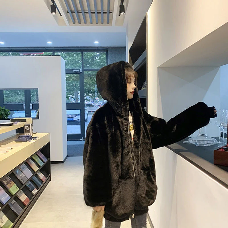 2022 Winter Female New Korean Loose Thin Plush Jacket Women Imitation Rabbit Fur Imitation Fur Mid-Length Thick Hooded CoatA1007
