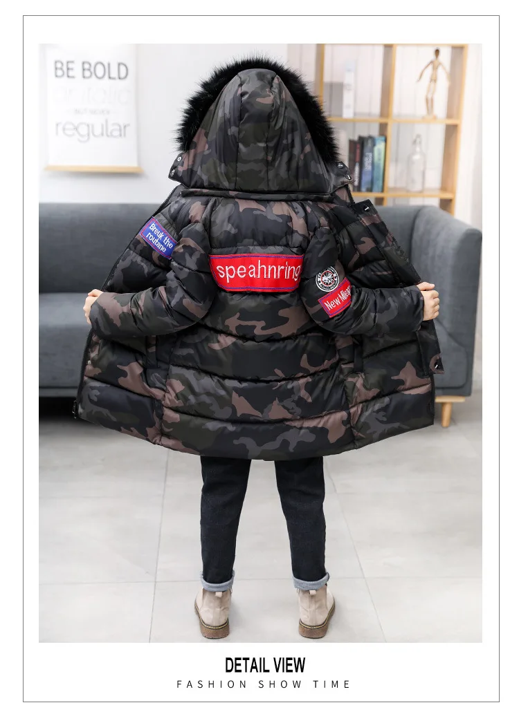 Casual Boy Camouflage Jacket Warm Zipper Coat Top Hooded Outwear Boys Clothes Winter Thicken Windproof Teenager 4-15 Years