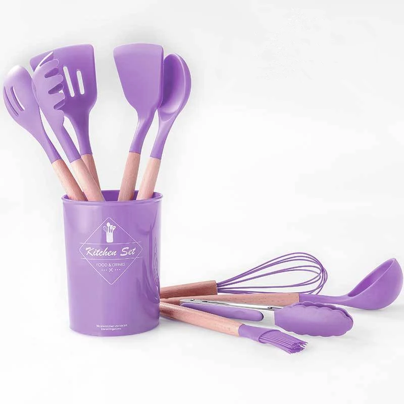 

Silicone Kitchenware 12pcs /set Utensils sets with wooden handle Purple Pasta Forks+ Scoop+Spatulas+Tongs+Cooking Shovel