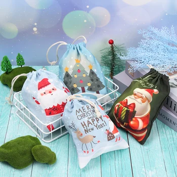 

Christmas Drawstring Bag for Kids Present Festival Party Decoration Xmas Printing Canvas Bags Drawstring Pocket Candy Sack Pouch
