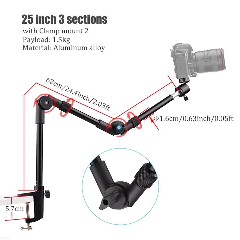 BFOLLOW Heavy Articulated Magic Arm 25" 32" Clamp Mount for DSLR Camera Camcorder Overhead Video Webcam Tablet Phone Bracket phone mount holder camera magic arm desk mount stand