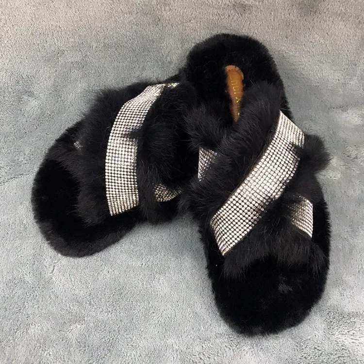

New Style Rabbit Fur Slipper Flat Outer Wear Versatile WOMEN'S Slippers Fashion Korean-style Hot Selling A- line Plush Slipper W