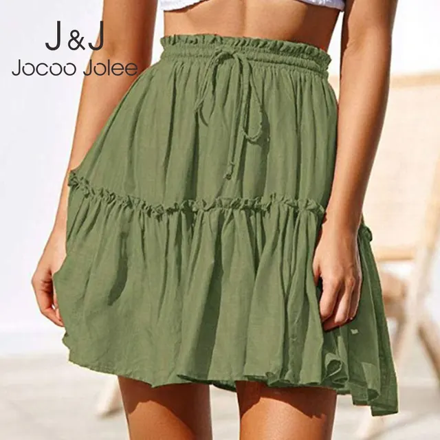 Jocoo Jolee Women Vintage Short Skirts Casual Boho Pleated A Line Skirt Ruffle Mini Skirt with Sashes Summer Holiday Beach Skirt 1