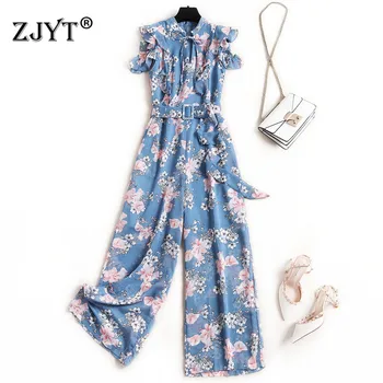 

Elegant Lady Casual Summer Jumpsuits for Women 2020 New Designer Fashion Floral Print Chiffon Overalls Rompers Womens Jumpsuits
