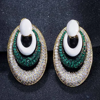 

LUALA Gold Color Green Cubic Zirconia Paved Large Round Drop Earrings for Women Luxury Brand Designer Jewelry CZ214