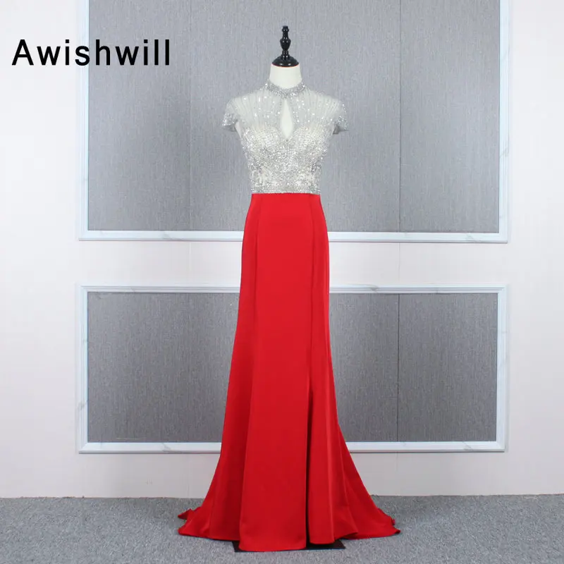 Новое красное официальное платье, женское элегантное платье с высоким воротом и рукавом-крылышком, Длинные вечерние платья, вечерние платья для особых случаев