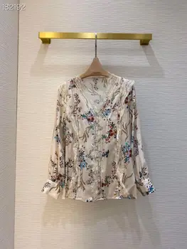 

2020 Designer Blouse For Women Top Fashion Floral Print Lace Patchwork Runway Silk V-Neck Long Sleeves Shirt Women Vintage