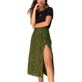 

Green Leopard Print High Waist Long Thin Split Skirt Summer Lace-Up A Skirt Rk