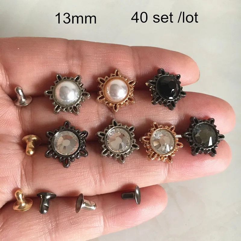40 Set Garments Decoration Rivet Studs 13mm Metal Flower Pearl Rivets