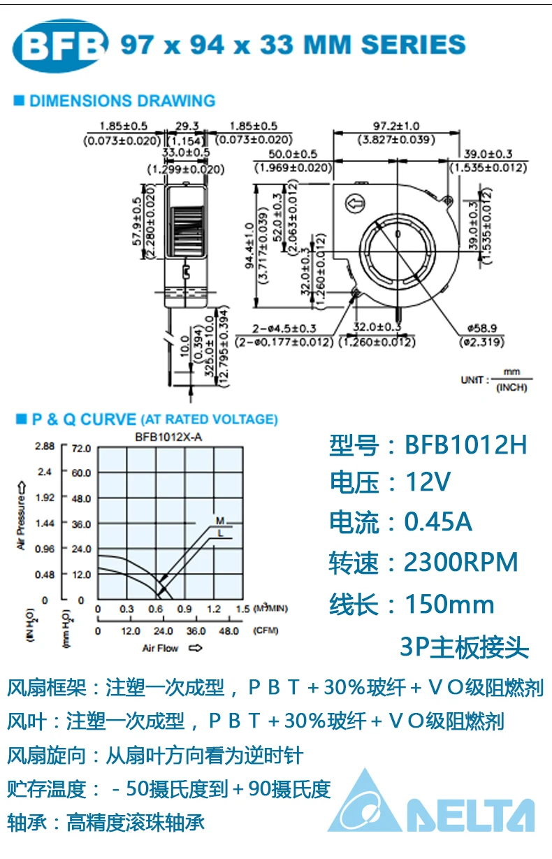 DELTA BFB1012H 9733 97*94*33 мм 12V 0.45A турбореактивный вентилятор двигателя
