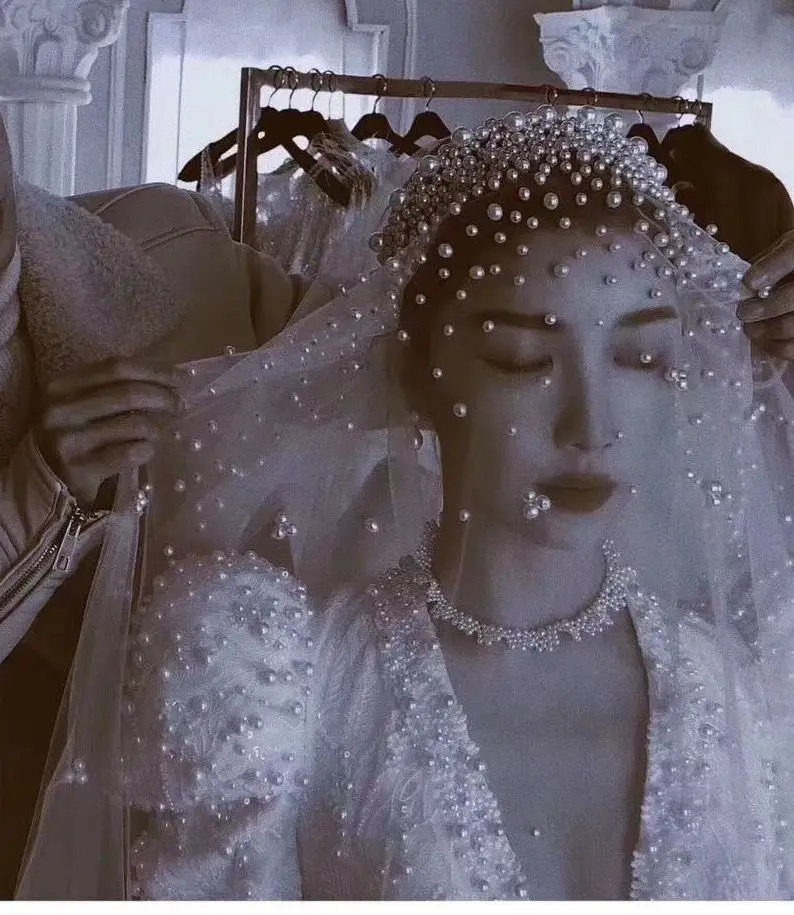 Long Pearls Wedding Veil Tulle 1T White Bridal Veil Elegant Luxu