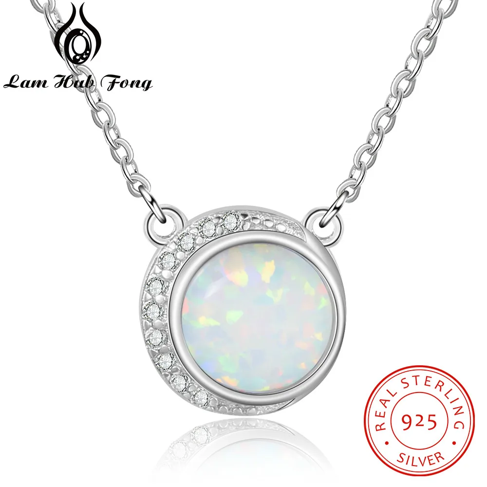

925 Sterling Silver Opal Pendant Necklaces for Women Round White Opal Necklace Cubic Zirconia Fine Jewelry Gift (Lam Hub Fong)