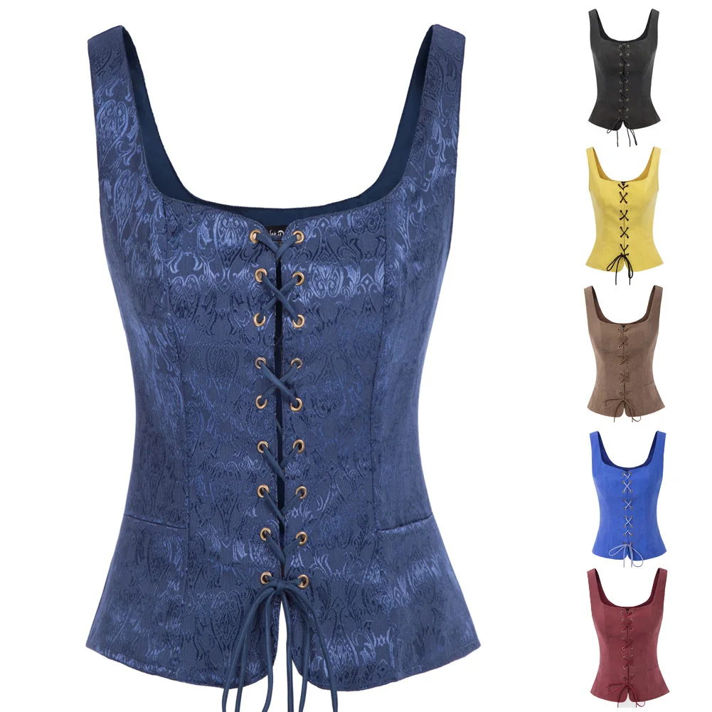 SD Women Vintage Waistcoat Faux Suede Square Neck U-Back Lace-up Front Vest Coat Slim Fit Jacket Ladies Sleeveless Casual Tops