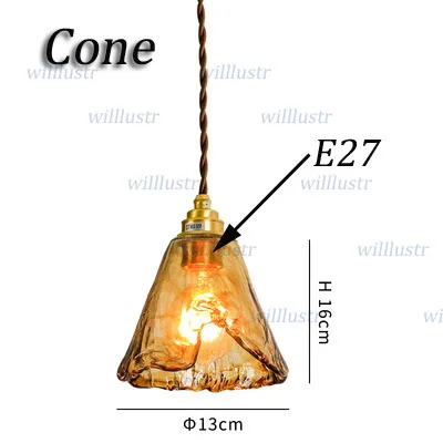 Подвесной светильник из рыжего стекла ручной работы, винтажный Медный Подвесной Светильник для отеля, ресторана, кафе, бара, кухни, прикроватный Ретро подвесной светильник - Цвет корпуса: Cone