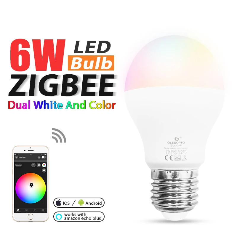 E26/E27 для ZigBee RGB+ CCT 6 Вт умная лампа переменного тока 100-240 в 500-550 люмен 6 Вт 57*102 мм