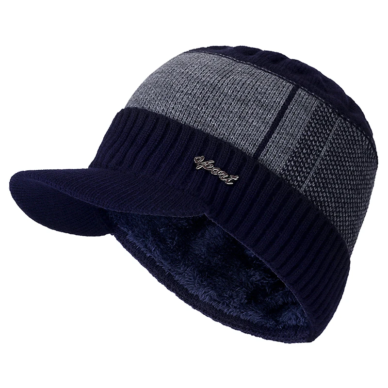 Высококачественные хлопковые зимние шапки с меховыми полями Skullies Beanies, шапка для мужчин и женщин, шерстяные шапки, маска Gorras Bonnet, вязаная шапка - Цвет: dark blue