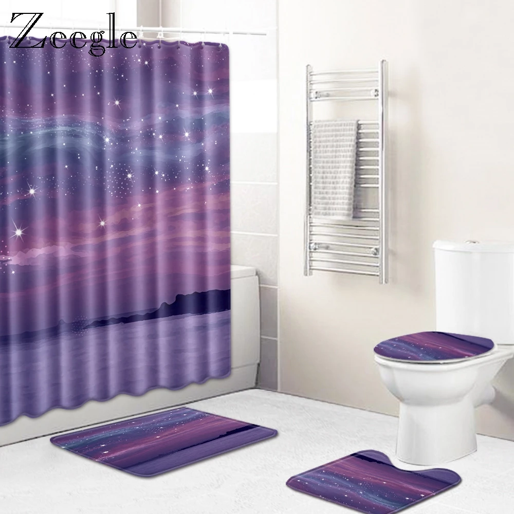 Zeegle 4Pcs Bath Mat Set Cartoon Doormat Bathroom Floor Rug Waterproof Toilet Shower Curtain Shower Room Rug Toilet Seat Cover