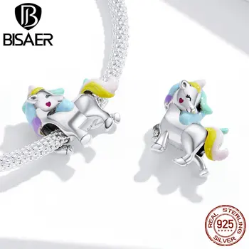

BISAER Charms 925 Sterling Silver Colorful Unicorn Rainbow Horse Lovely Pendant Enamel Beads for Necklace Jewelry Making HSC1500