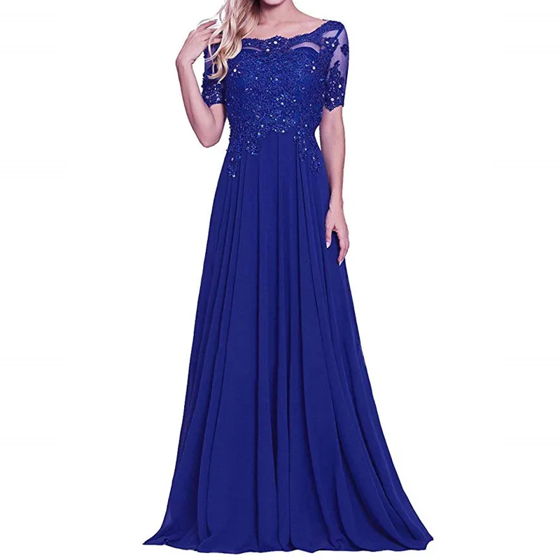 Royal Blue Расшитое бисером кружевное платье с корсетом, шифоновое длинное платье для матери невесты, вечерние платья с короткими рукавами - Цвет: Royal Blue