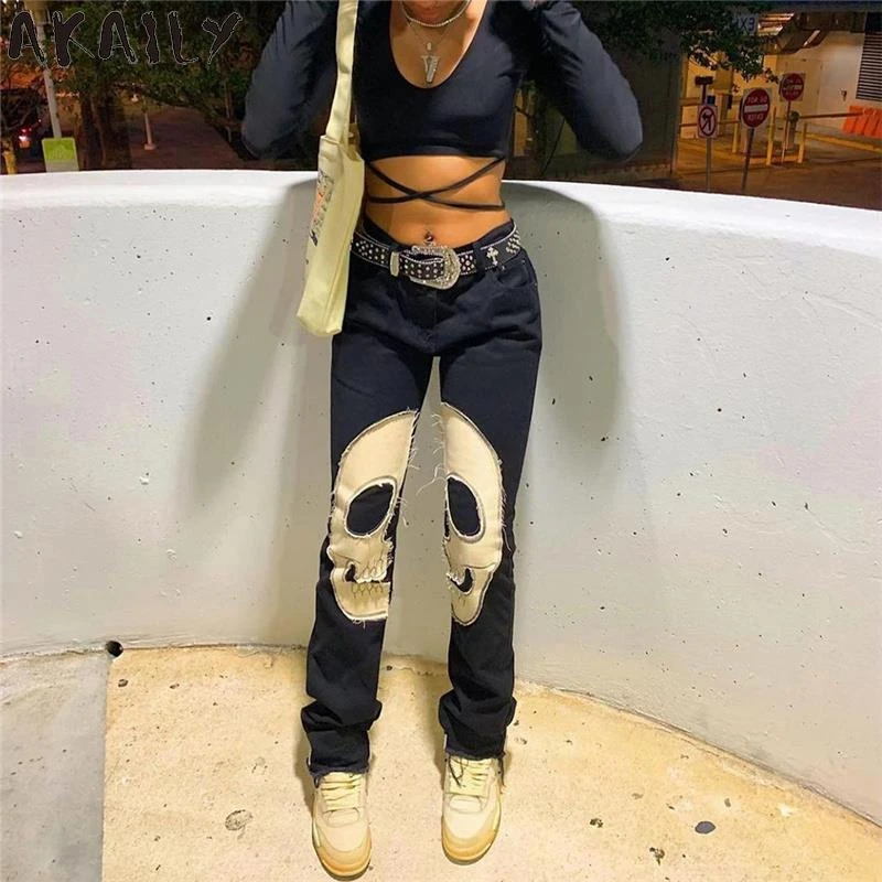 cargo pants for women Akaily Autumn Streetwear Baggy Jeans Women Black High Waist Skull Pants Ladies Casual Fashion Black Graphic Wide Leg Jeans 2021 cargo pants for women
