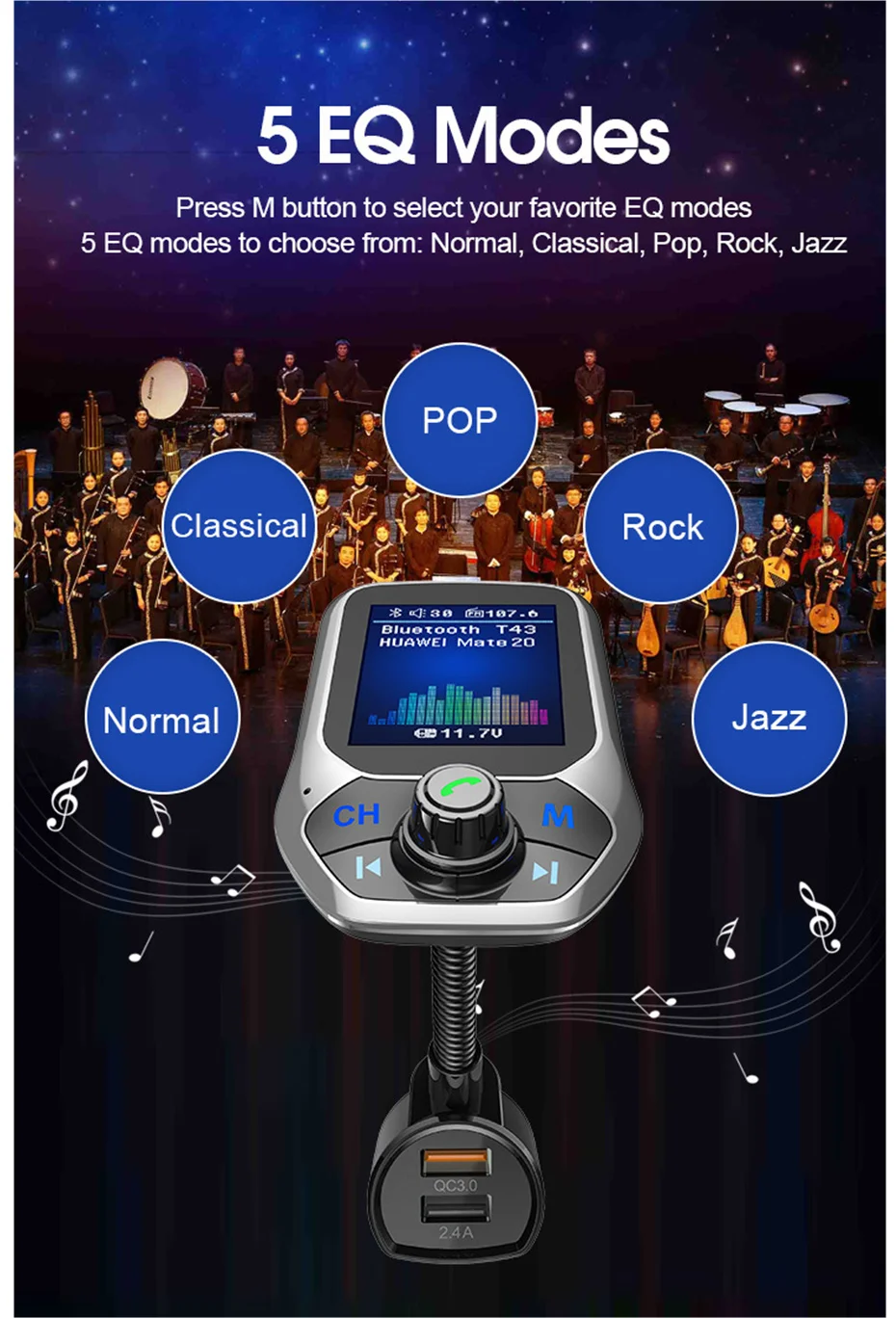 Автомобильный MP3-плеер FM модулятор mp3 автомобильный аудио плеер QC3.0 12 В 2USB автомобильный FM передатчик Bluetooth автомобили AUX модулятор музыкальный проигрыватель FM
