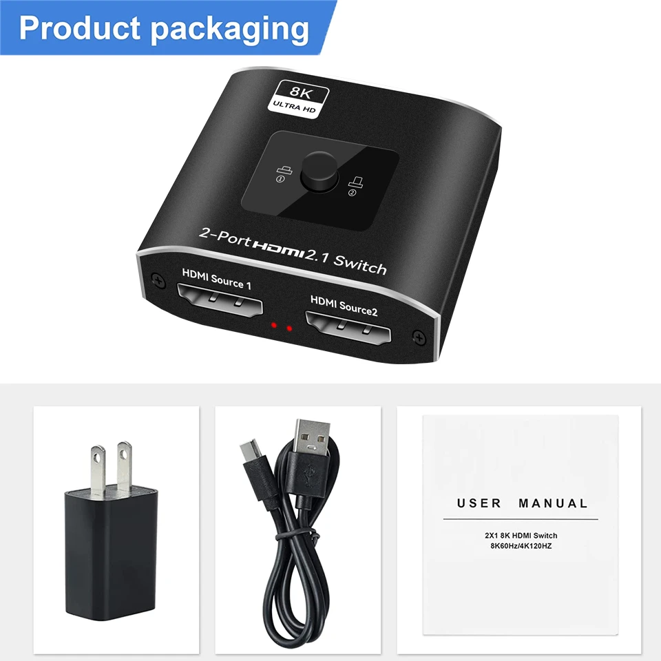 4-Port 8K HDMI Switch, HDMI 2.1 Switcher 4K 120Hz HDR10+, 8K 60Hz UHD, HDMI  Switch 4 In 1 Out, Auto/Manual Source Switching, Power Adapter and Remote