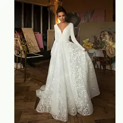 Свадебное платье с глубоким v-образным вырезом и длинными рукавами, белое кружевное Тюлевое свадебное платье с открытой спиной и