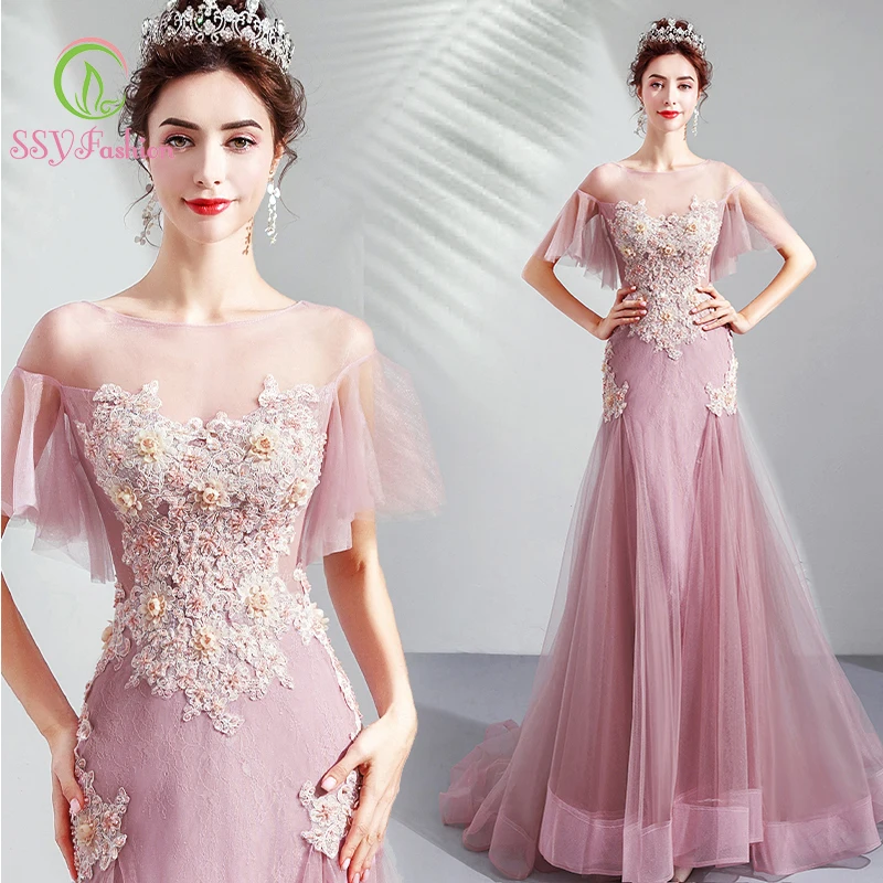 

SSYfashion Short Flare Sleeves Lacing Back Floor Length Train Mermaid Fishtail Pink Evening Dress Wedding Dress Formal Dress