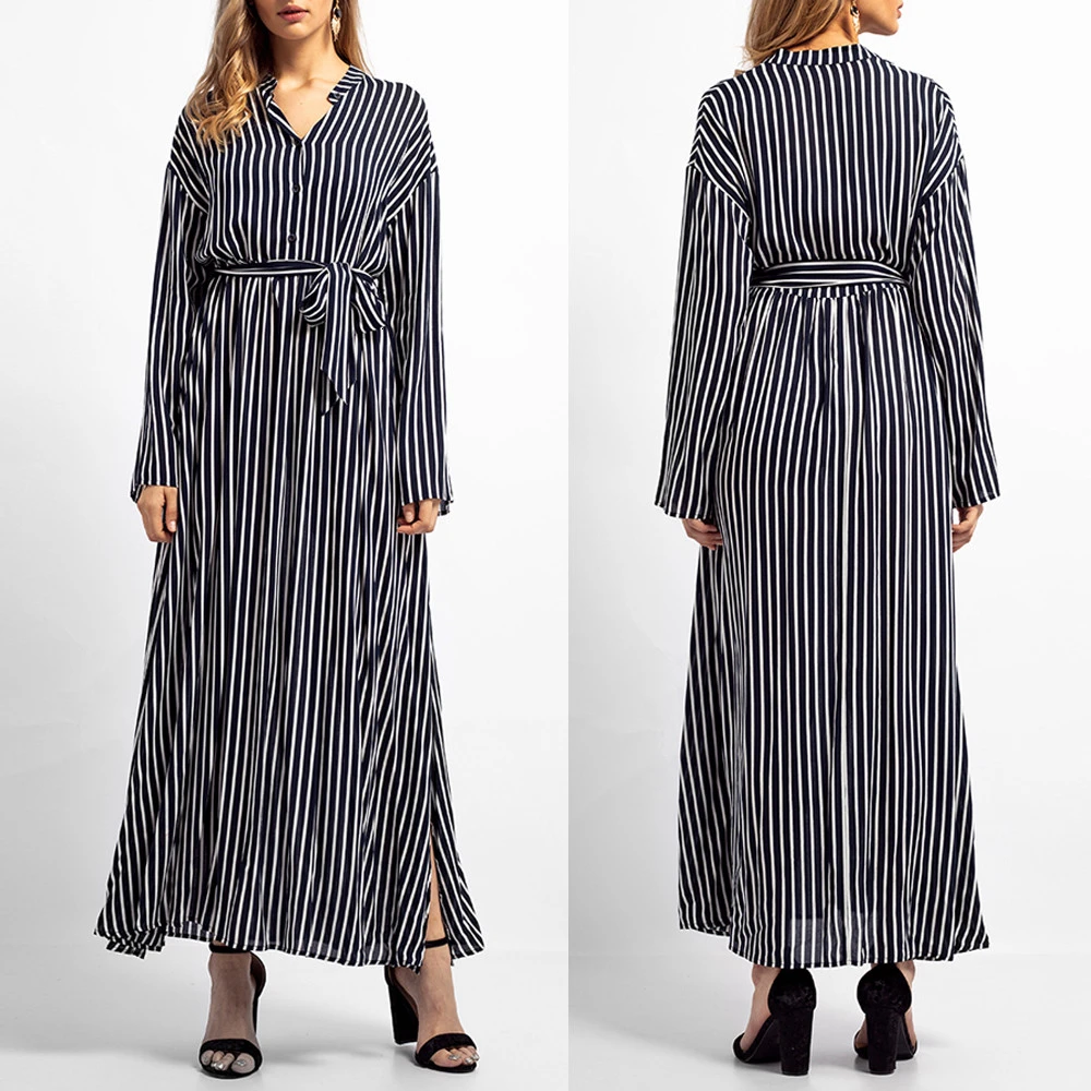

New Women Striped Bandage Long Dress Traditional Islamic Muslim Middle East Maxi Robe Dresses Fashion V-Neck Long Sleeve Dress