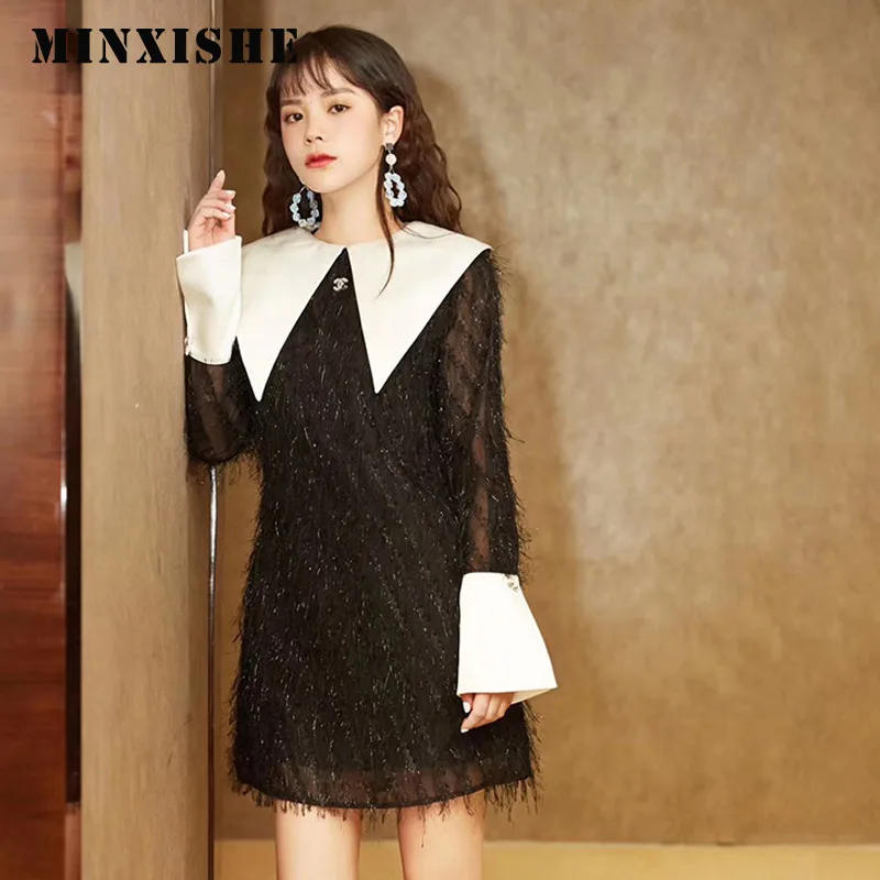 Doll collar French Fringe Short Lady Dresses 2020 New black white Patchwork Sexy Spring Long sleeve Women Dress Mini Vestidos |