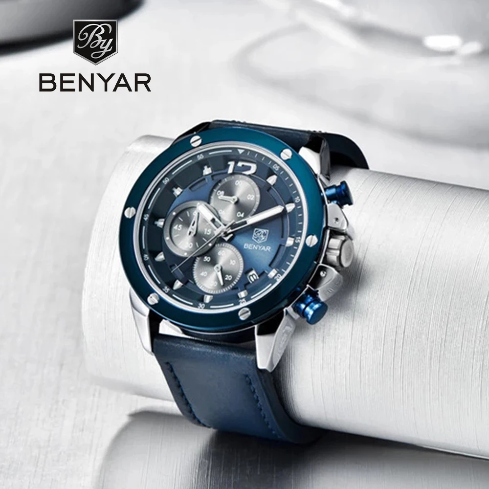Benyar 2021 Brand Men's Multi-Function Watch Fashion Quarter Time Table Leather Waterproof Men's Time Watch Relogio Masculino
