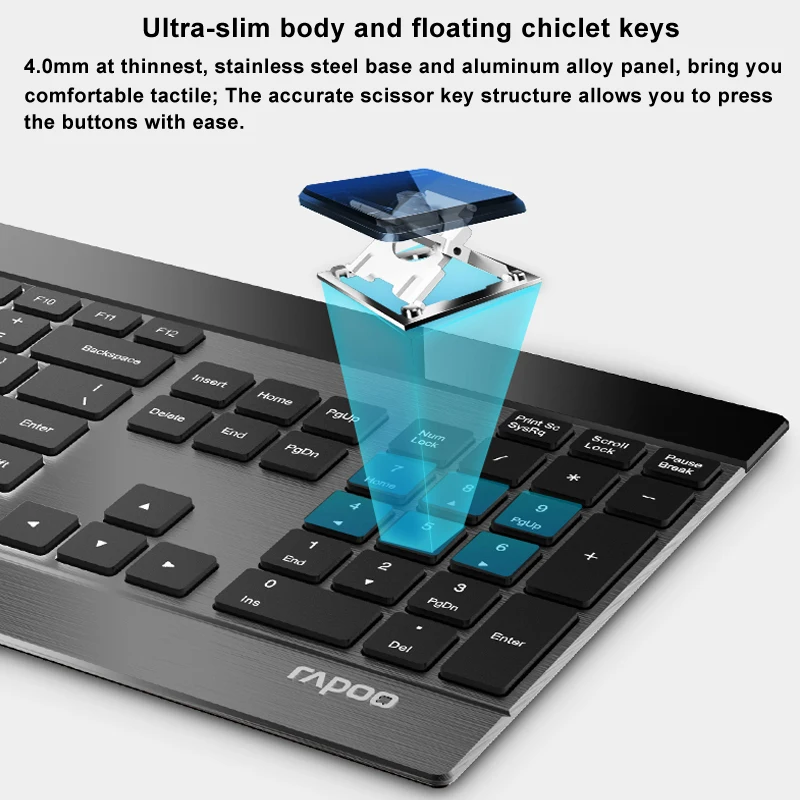 Rapoo многомодовая беспроводная Тонкая металлическая клавиатура и перезаряжаемая лазерная мышь Combo Bluetooth 3,0/4,0 и 2,4G переключатель между 4 устройствами