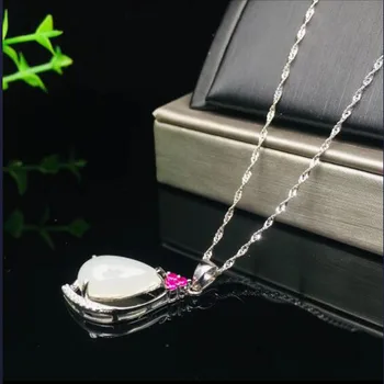 

925 Sterling Silver White HeTian Jade Carved Water Drop Design Lucky Pendant + Chain Necklace For Women Charm Fine Jewelry Gift
