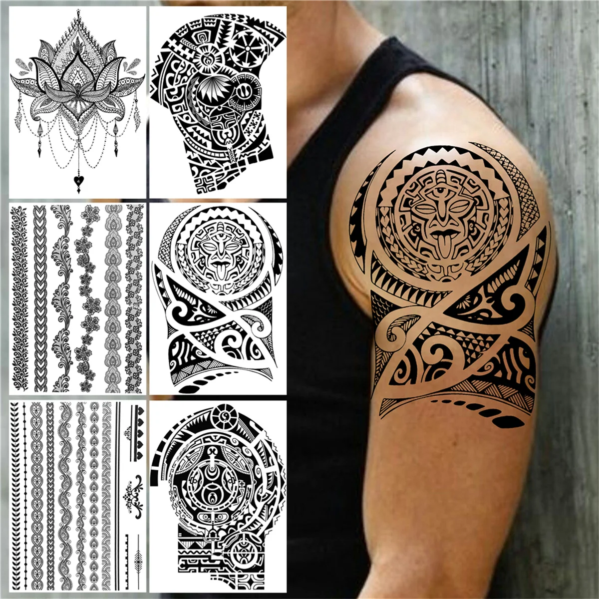 Tatouage Tour De Bras Biceps Homme Grand Totem Tribal Temporaire Pour Hommes, Femmes, Adulte, Henné, Lotus,  Autocollant, Fausse Fleur En Dentelle Noire, Art Corporel, Bras - Tatouages  Éphémères - AliExpress