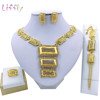 

Liffly Indian Bridal Jewelry Sets Square Shape Pendant Necklace Crystal Bracelet for Women Earrings Ring Party Jewelry Gift