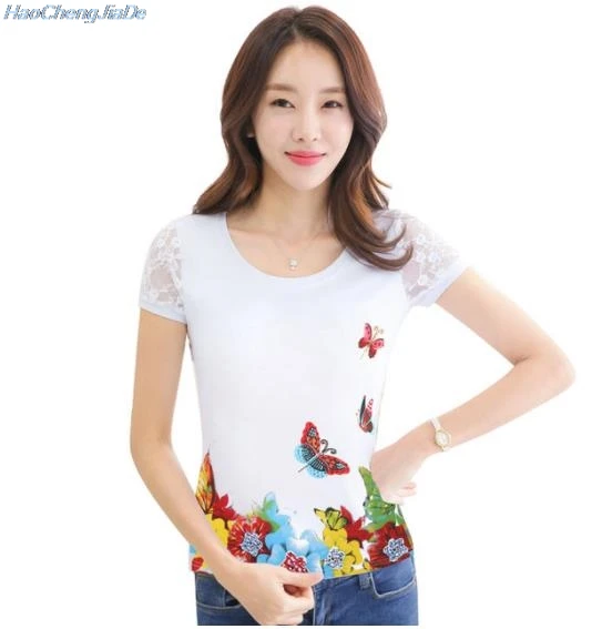 Camisetas Mujer летние Стразы футболка Для женщин кружева короткий рукав леди, поставленные зоводами непосредственно Для женщин s футболка Женские ромбовидные Топы