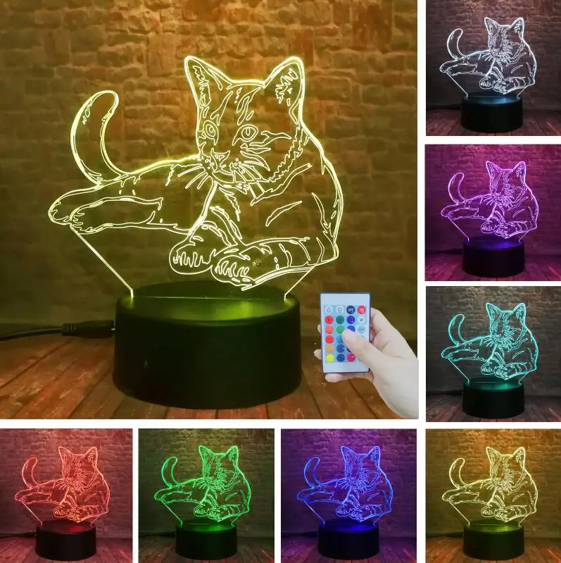 Милый 3D уютный лежащий светодиодный светильник для отдыха с кошкой, ночник USB Touch, 7 цветов, светильник для детской спальни, детские рождественские вечерние лампы, подарки - Испускаемый цвет: Controller 7 Color